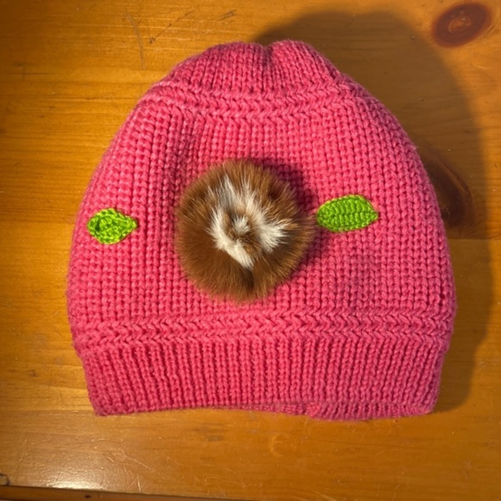 Girls Adorable Unique Pink Fur Flowered  Double Knit Beanie